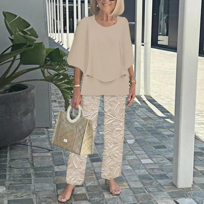 Women Casual Round Neck Half Sleeve Top Printed Pants Two Piece Set