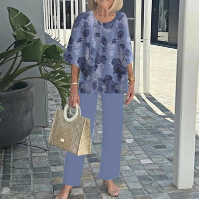 Women Casual Round Neck Half Sleeve Top Printed Pants Two Piece Set