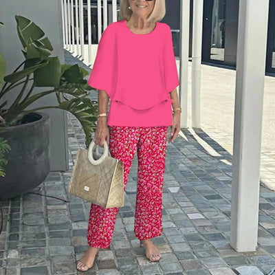 Women Casual Round Neck Half Sleeve Top Printed Pants Two Piece Set