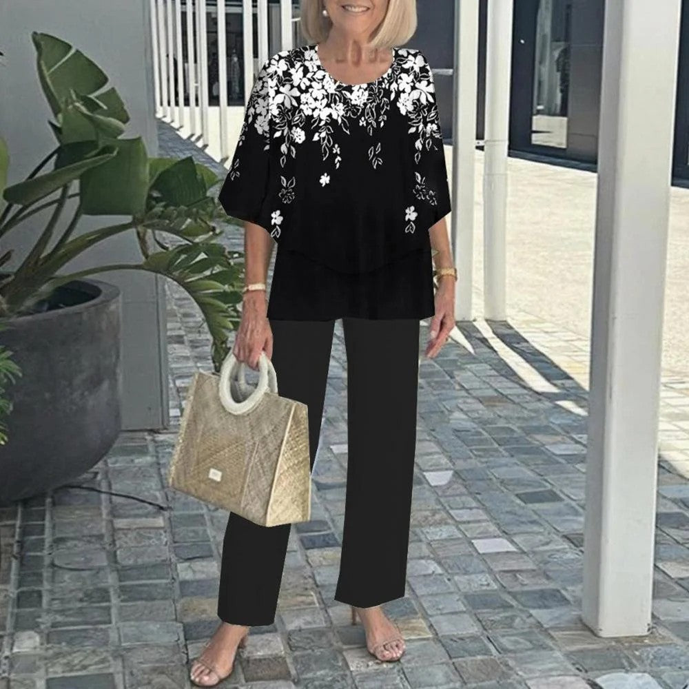 Women Casual Round Neck Half Sleeve Top Printed Pants Two Piece Set