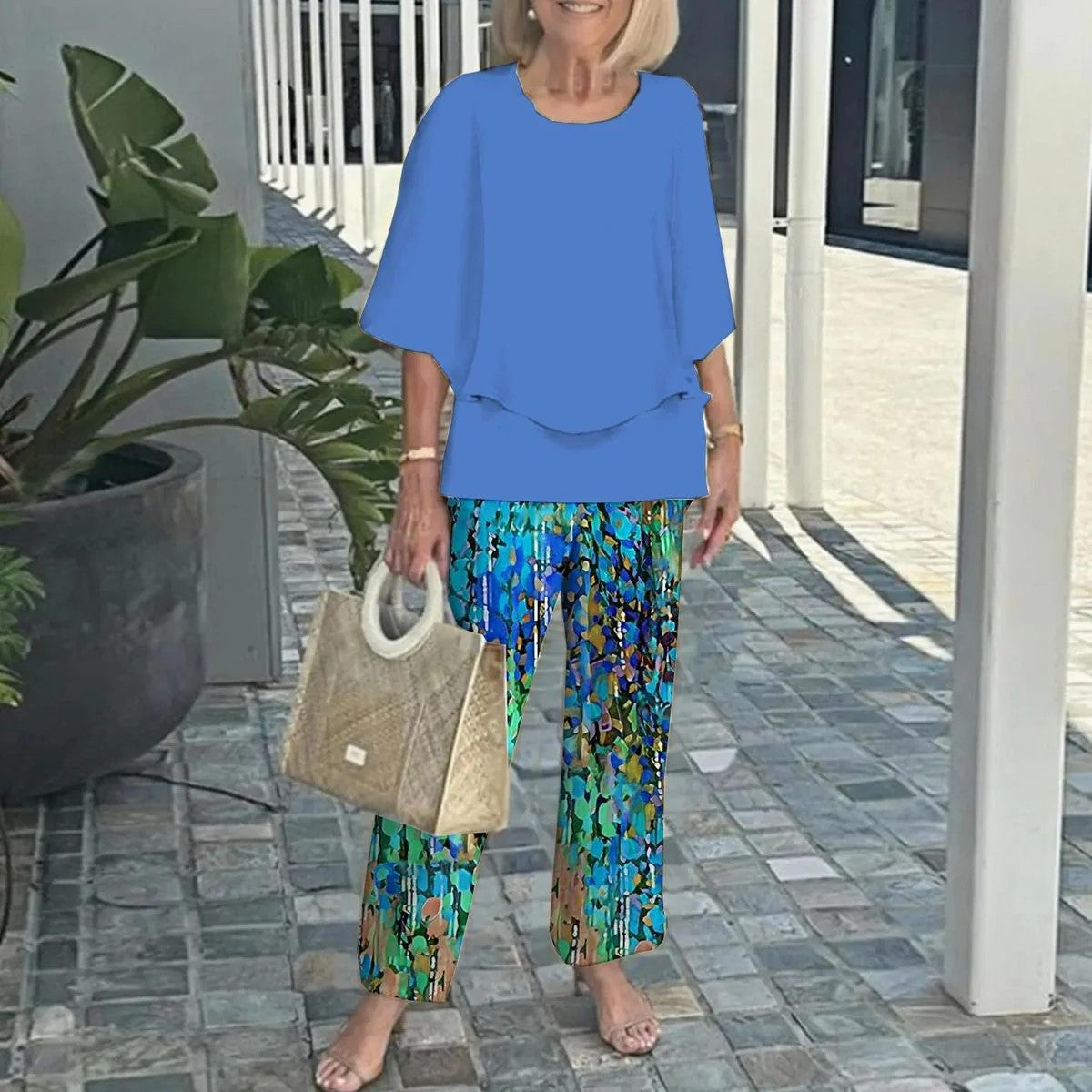 Women Casual Round Neck Half Sleeve Top Printed Pants Two Piece Set