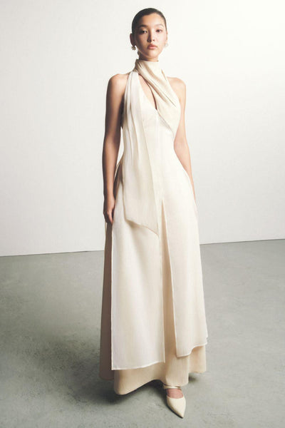Yen Layered High Neck Floss Silk Ankle Length Dress