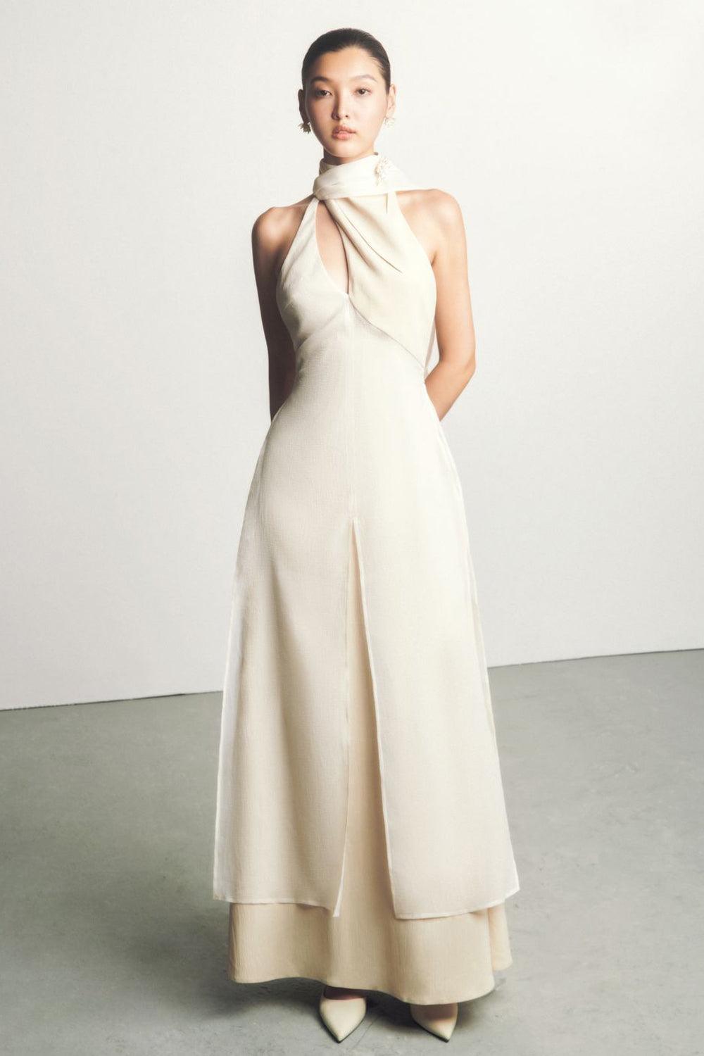 Yen Layered High Neck Floss Silk Ankle Length Dress