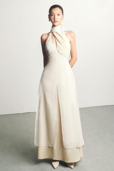 Yen Layered High Neck Floss Silk Ankle Length Dress